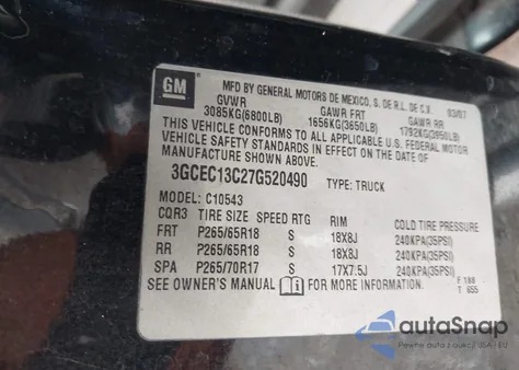 2007 Chevrolet Silverado 1500 Lt1 из США, поврежденный, VIN 3GCEC13C27G520490